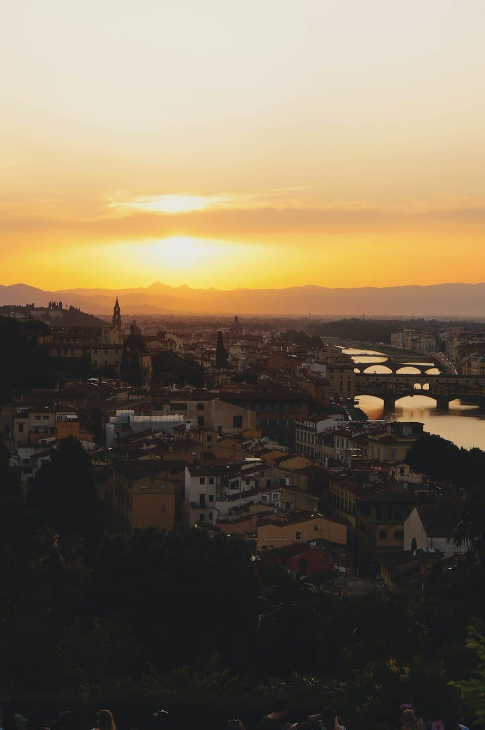 Città europea storica con tetti in cotto che si affaccia su un ampio fiume.
